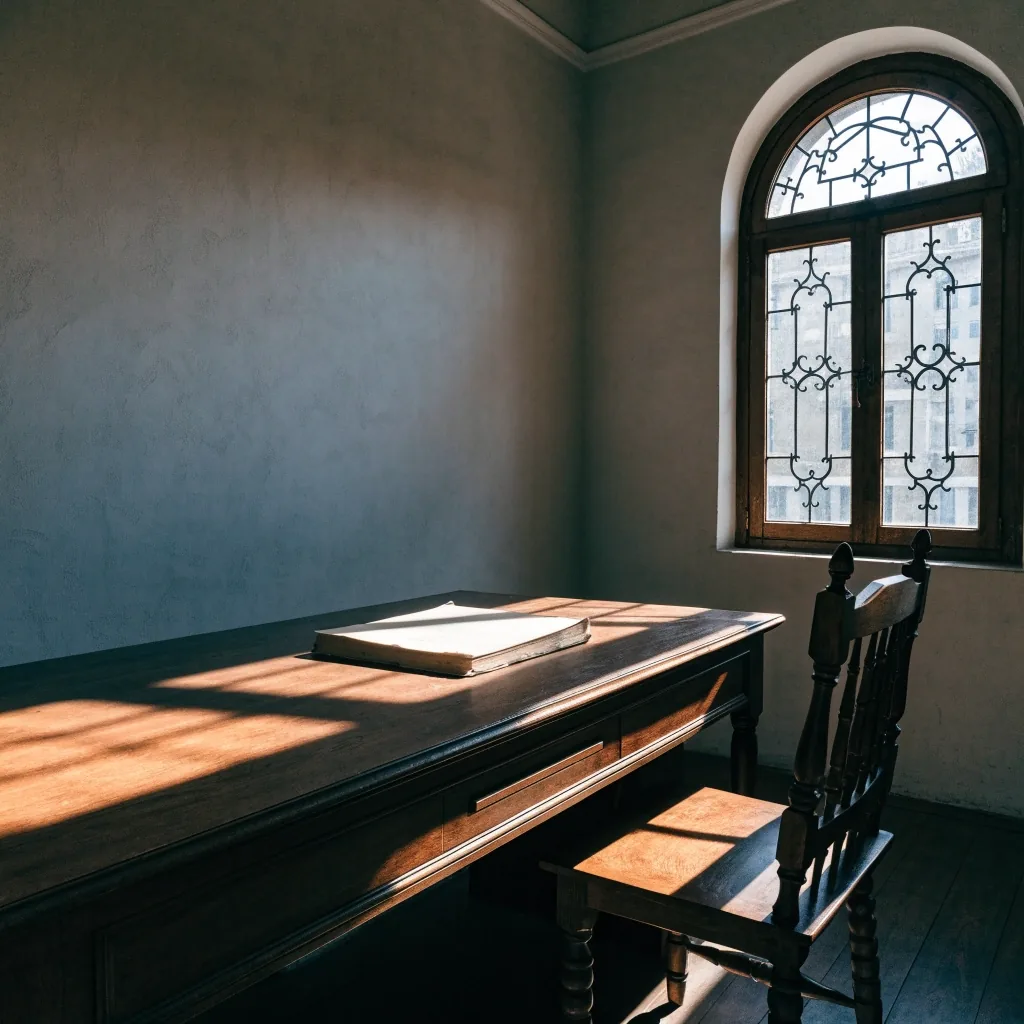 A Surabaya reading room at noon, hard daylight from an arched window falling across a plain desk and a drawn-back wooden chair