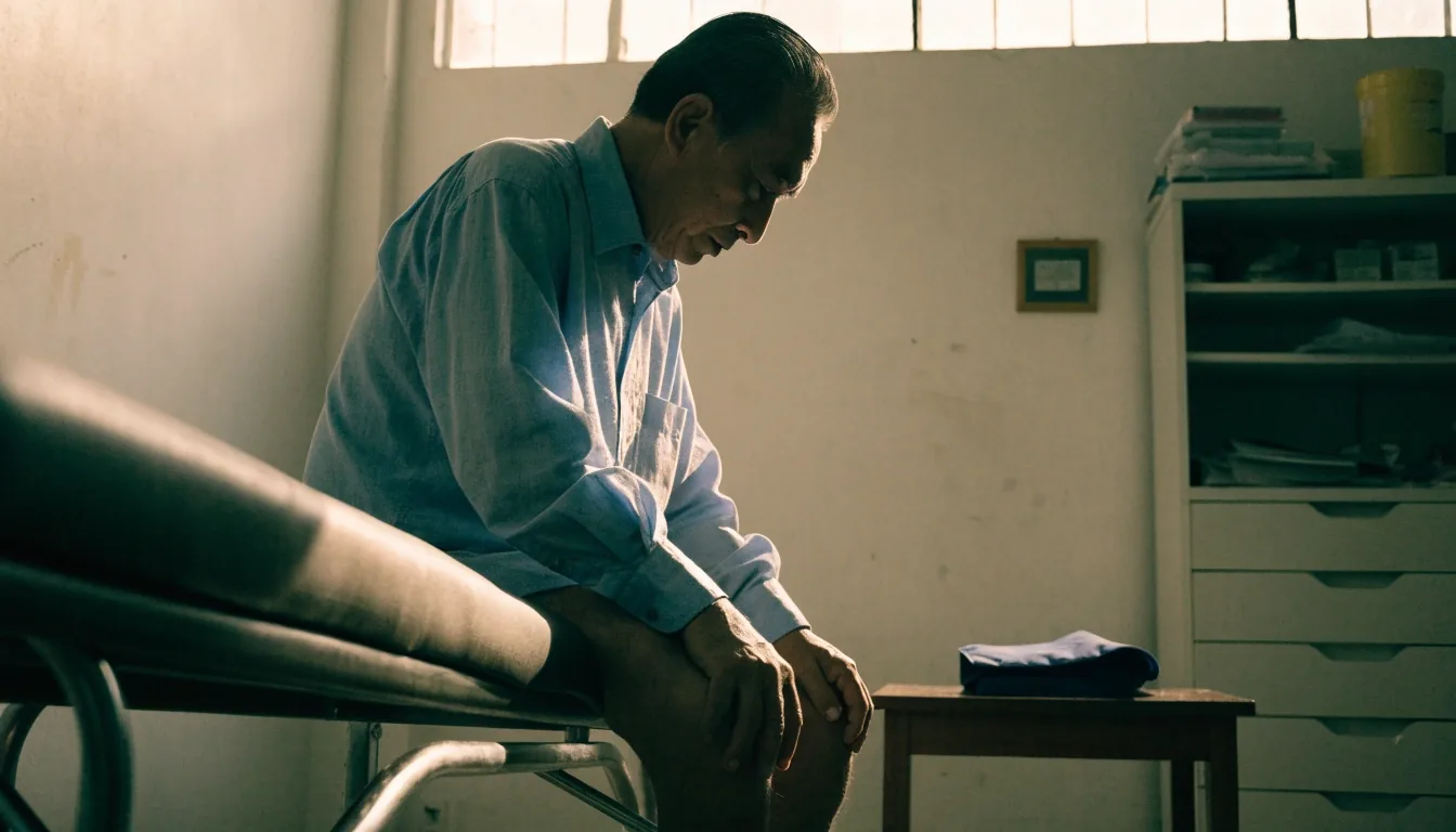A man in his forties lifting one card from a low drawer on a plain desk, lit by window light
