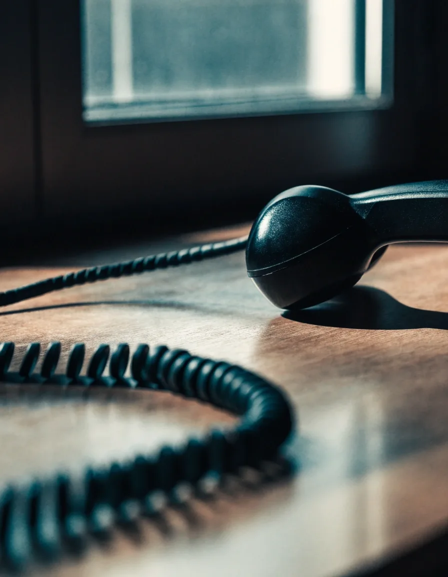 Black telephone handset resting on a plain desk with a coiled cord catching mid-morning light
