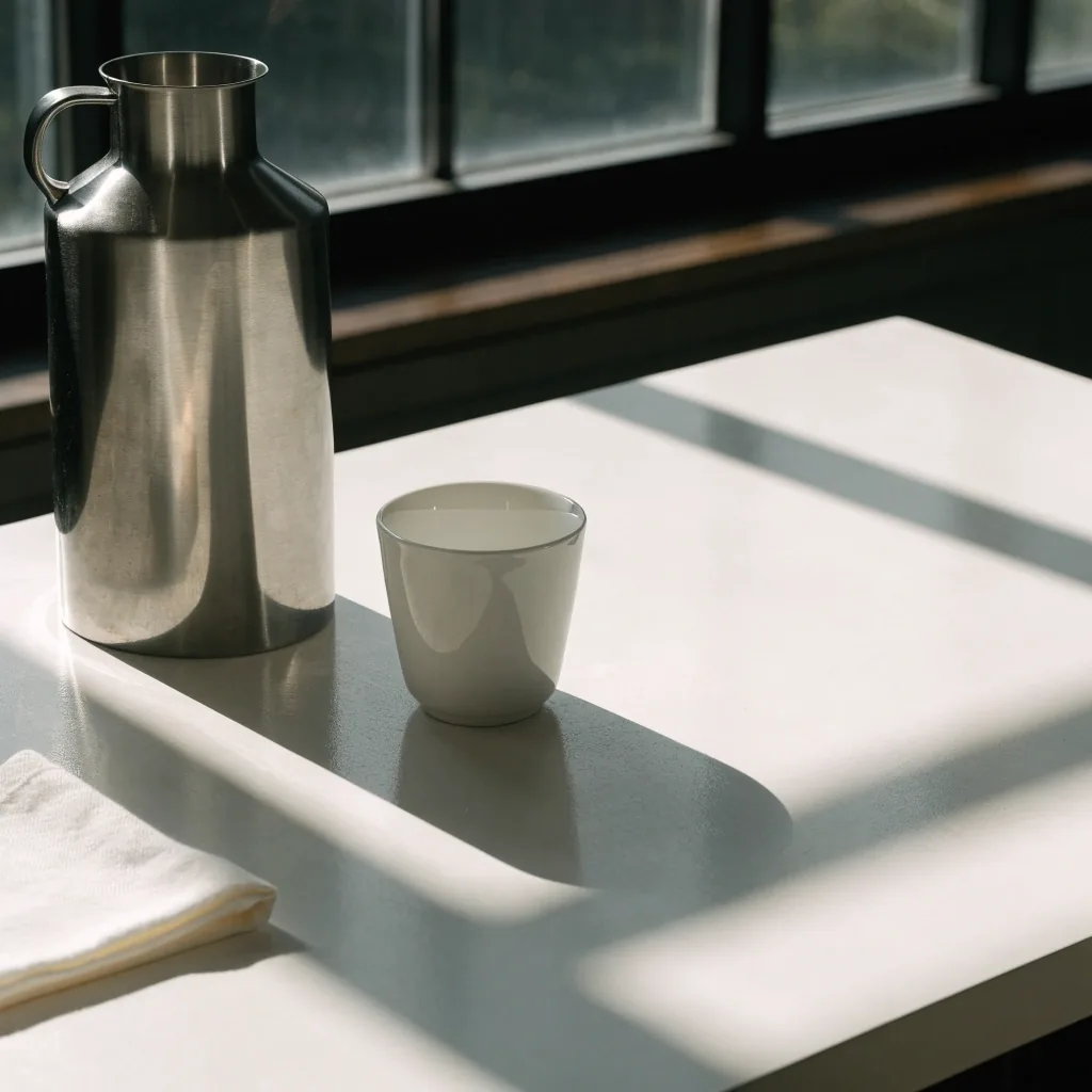A white cup and a closed steel water jug on a clean table in early morning light