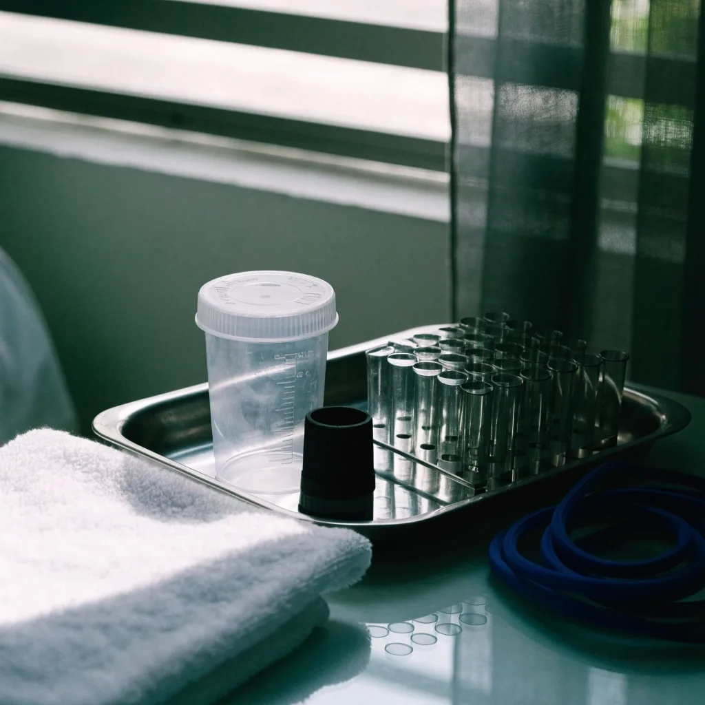 Close view of a screening tray on a clinical consultation table with a folded towel and empty tube rack