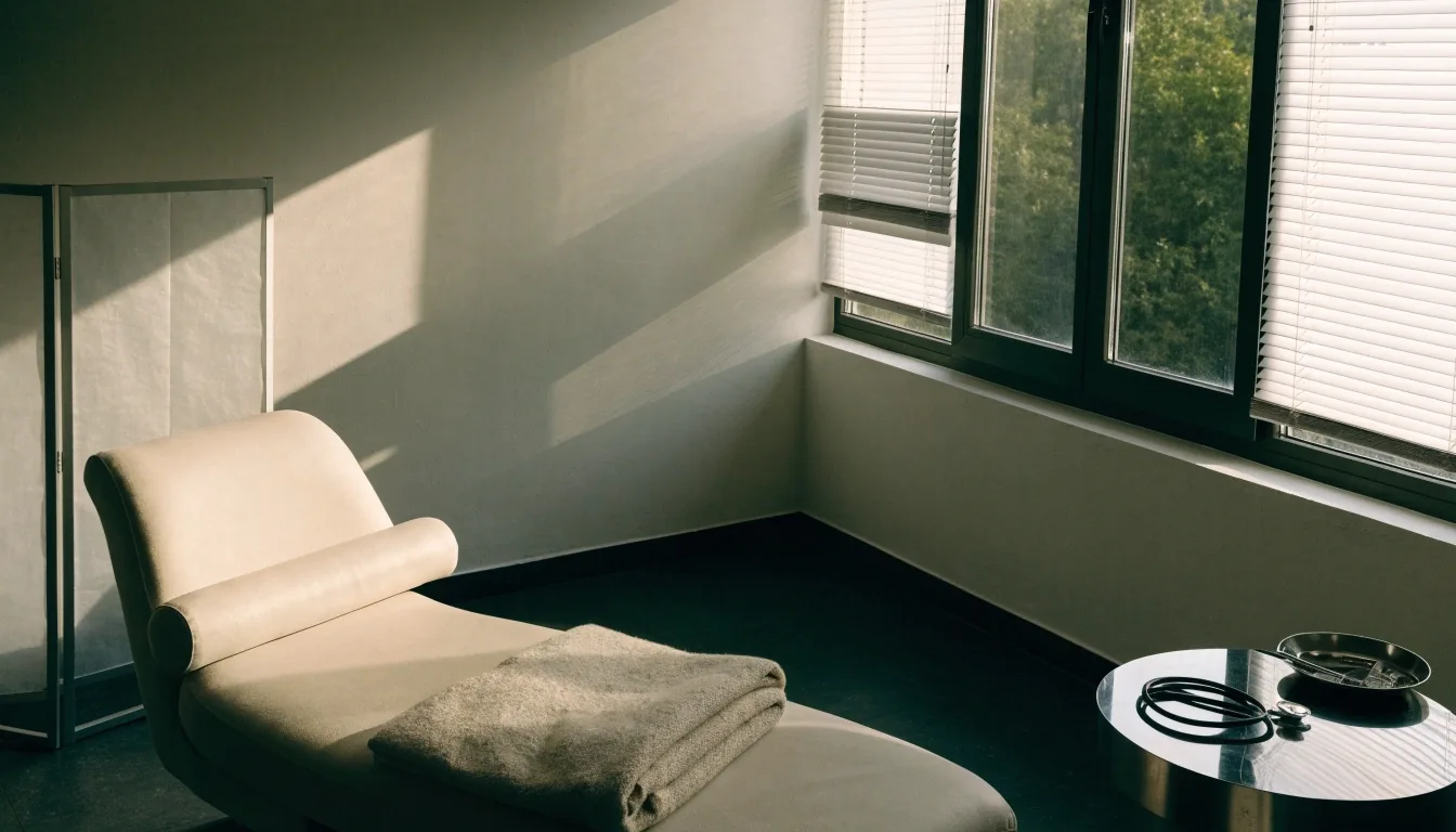 Empty private clinic consultation room with an examination couch and a side table in hard morning daylight