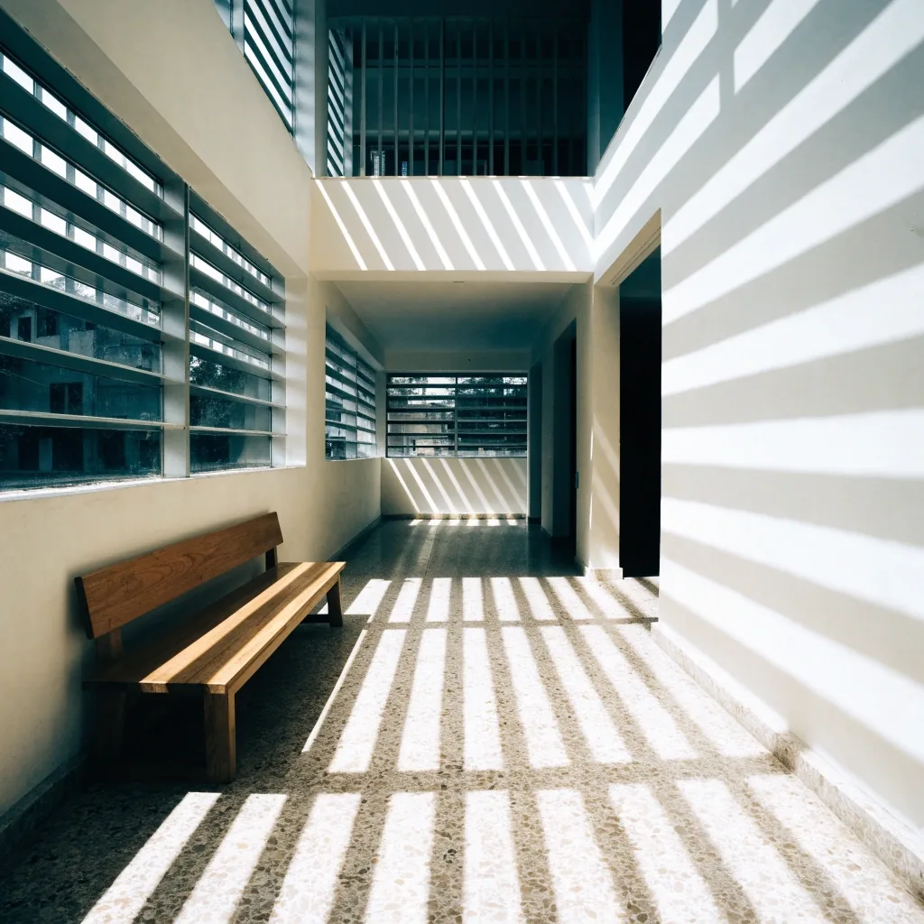 Empty waiting corridor of a community health centre with daylight falling through slatted windows
