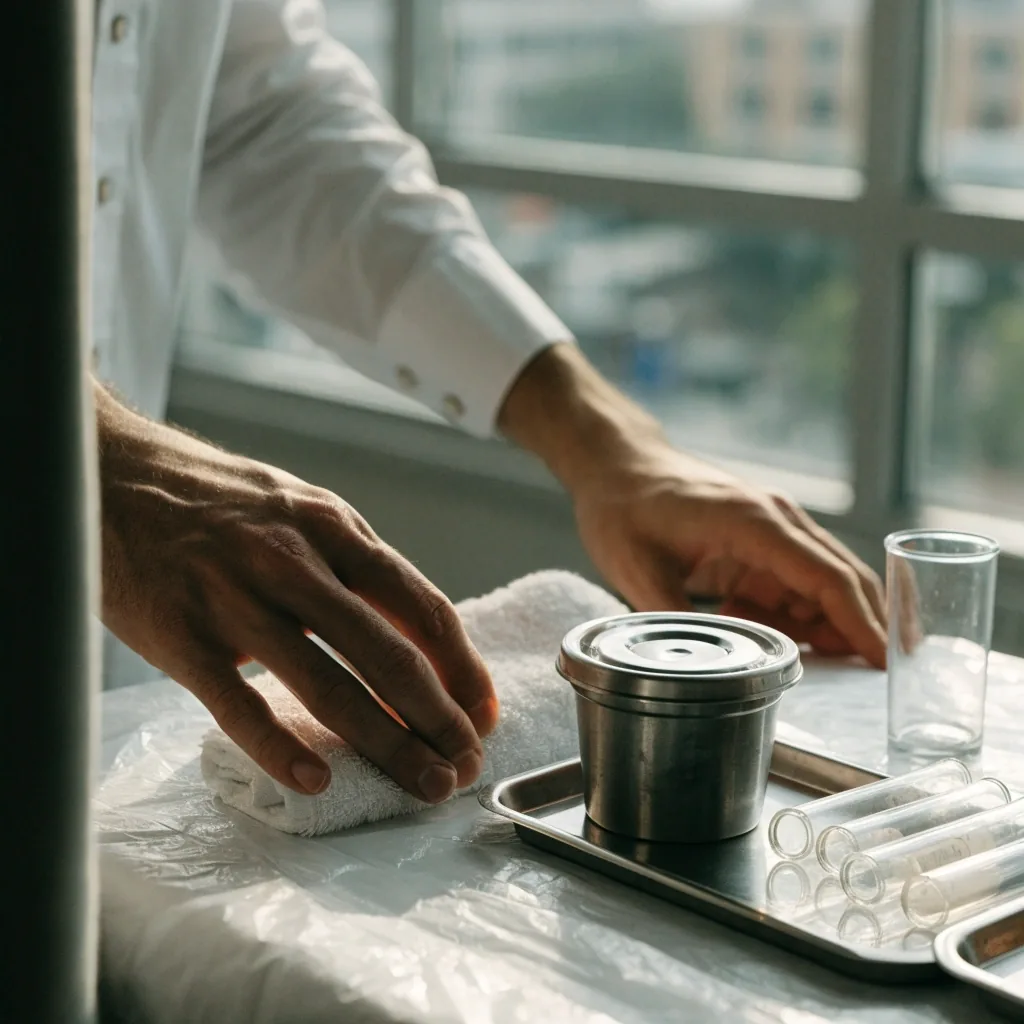 A screening tray with a hand towel, a lidded specimen cup, and unlabelled sample tubes on a consultation table