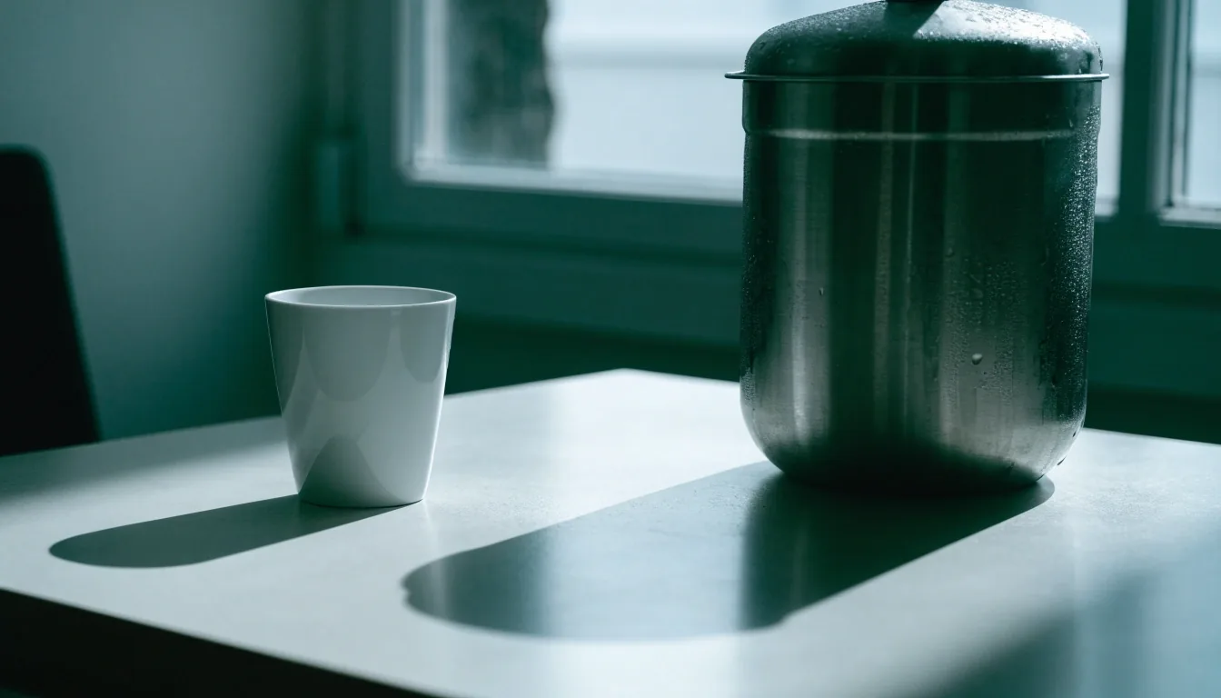 A water jug and a cup on a table beside a window in an examination room before a fasting blood draw