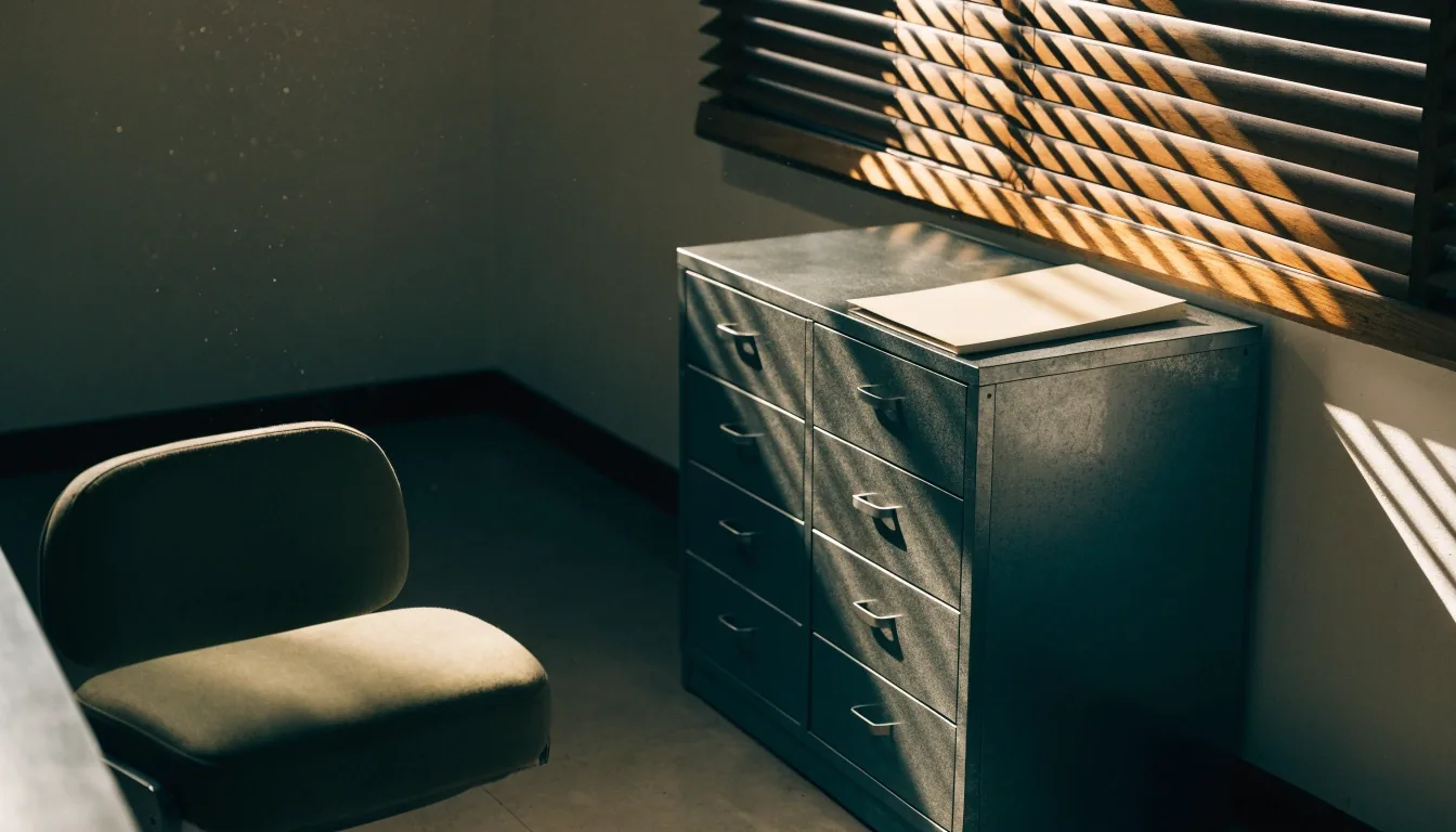 A quiet reading room at noon with an open drawer of blank index cards on a plain desk