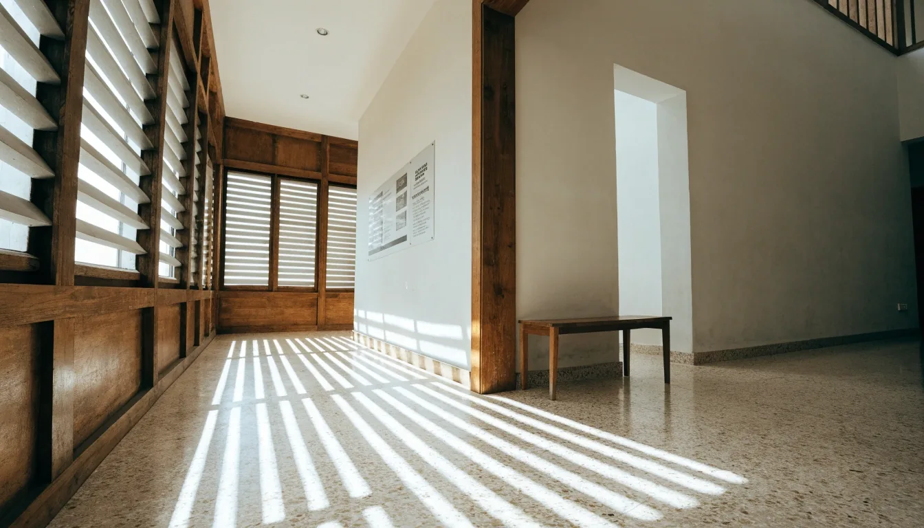 Waiting corridor inside a community health center in Indonesia, daylight through slatted windows on an empty bench