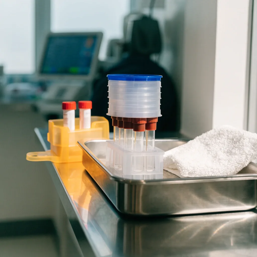 A specimen tray with a lidded tube rack and hand towel on a clean clinic counter in cool morning light