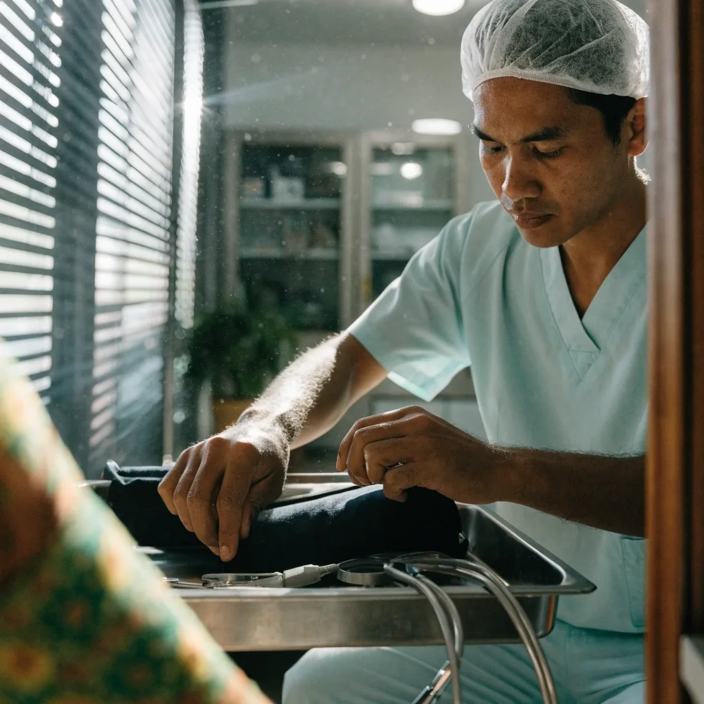 An empty consultation room with a clean couch, folding screen, and a stethoscope on a side table in morning light