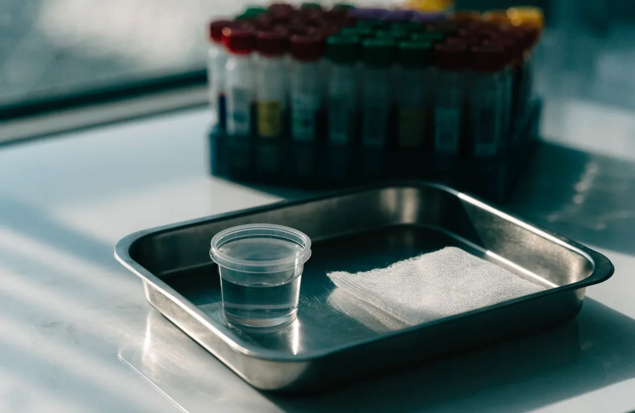 A laboratory tray with clear blood tubes and a lidded specimen cup on a wiped countertop